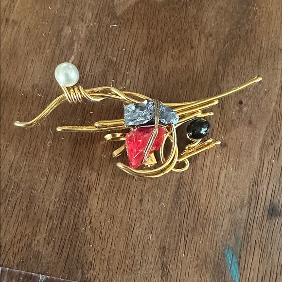 Jewelry - Incredible Artist Made Brooch, Pyrite, Coral, Silver & Black Pearl? Gold Plated